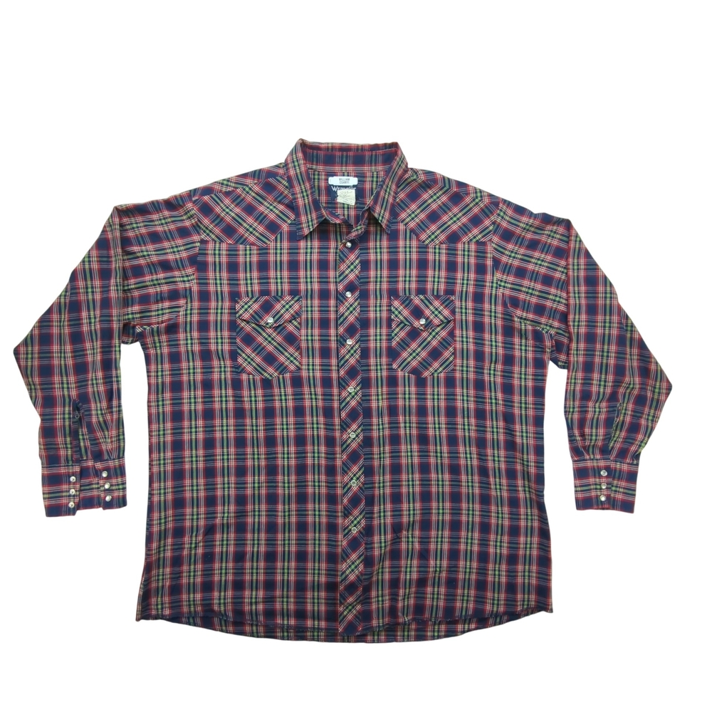 Vintage Wrangler Shirt Mens 2XL Tall Western Plaid Pearl Snap Long Sleeve 90s